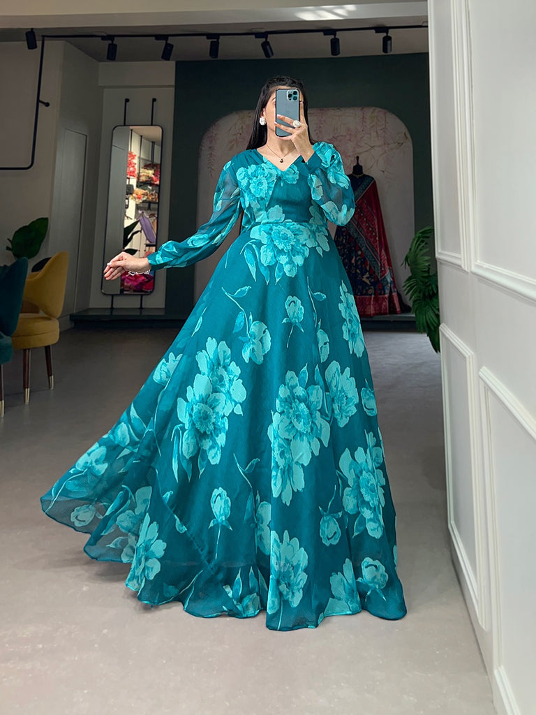 Indigo Blue Floral Print One Shoulder Dress With Belt – Nikita Mhaisalkar